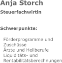 Anja Storch Steuerfachwirtin Schwerpunkte:  Förderprogramme und Zuschüsse Ärzte und Heilberufe Liquiditäts- und Rentabilitätsberechnungen